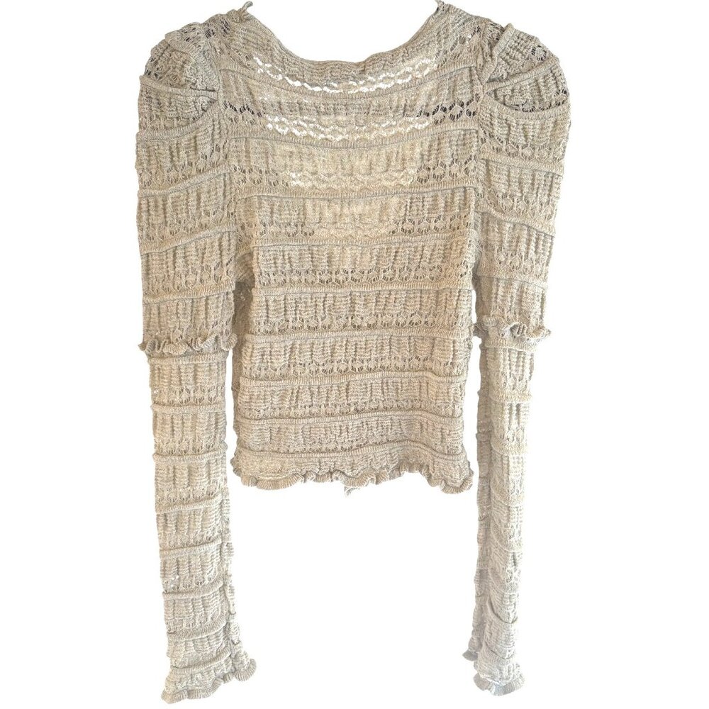 Free People Wild Roses Cardi Ruffle Lace Knit Cardigan Light Soft Grey XS New - Picture 8 of 13